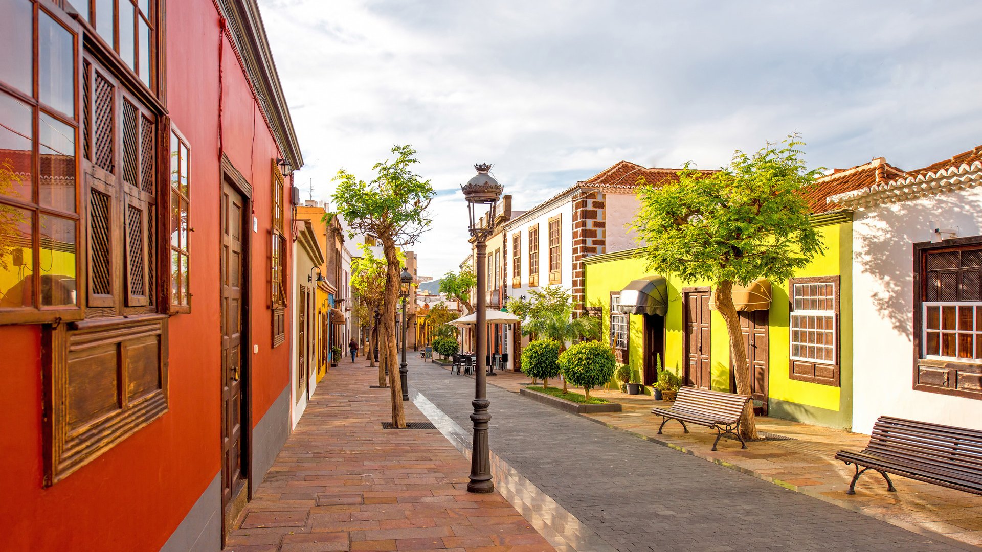 Street view with colorful buildings in the centre of Los Llanos city on La Palma island in Spain 