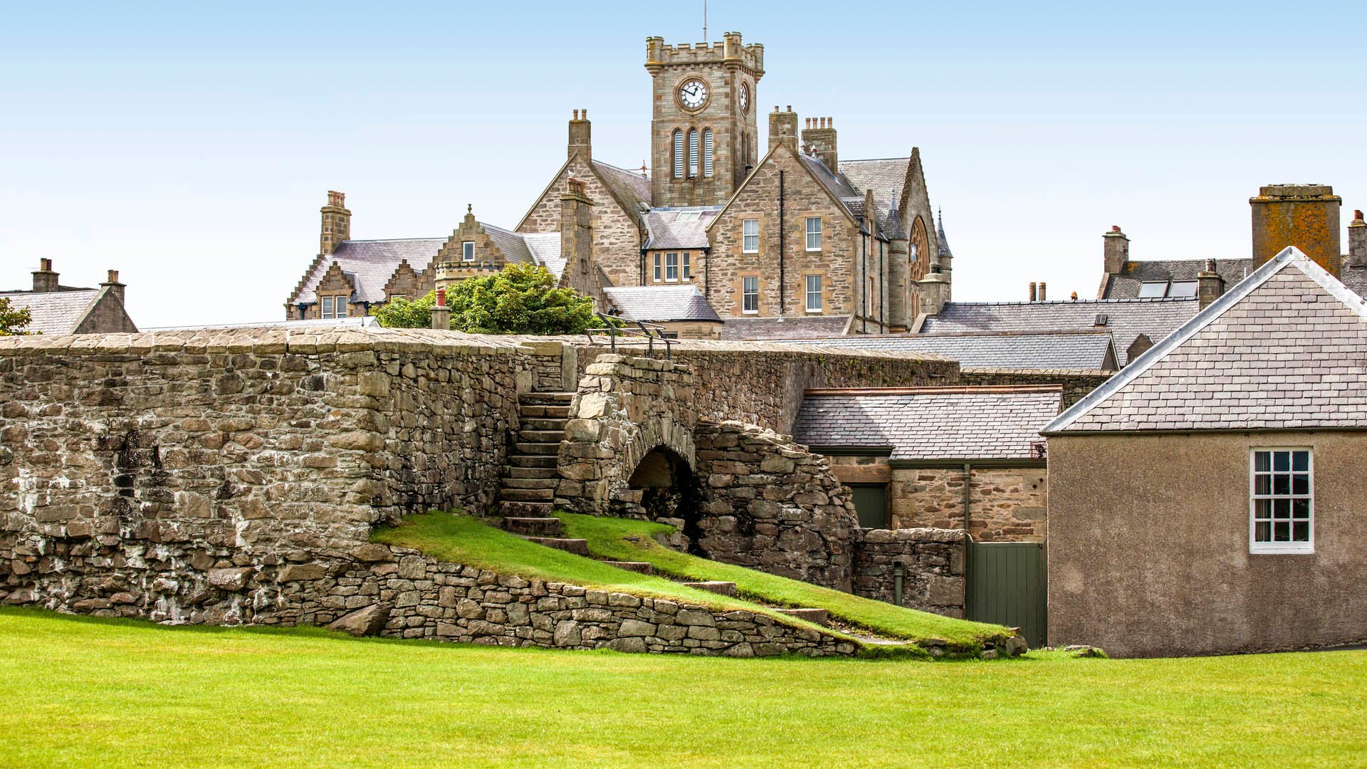 Lerwick, Shetland, Scotland, United Kingdom. View of the old Lerwick, Town Hall, Shetland, Scotland. Builded in 1884.