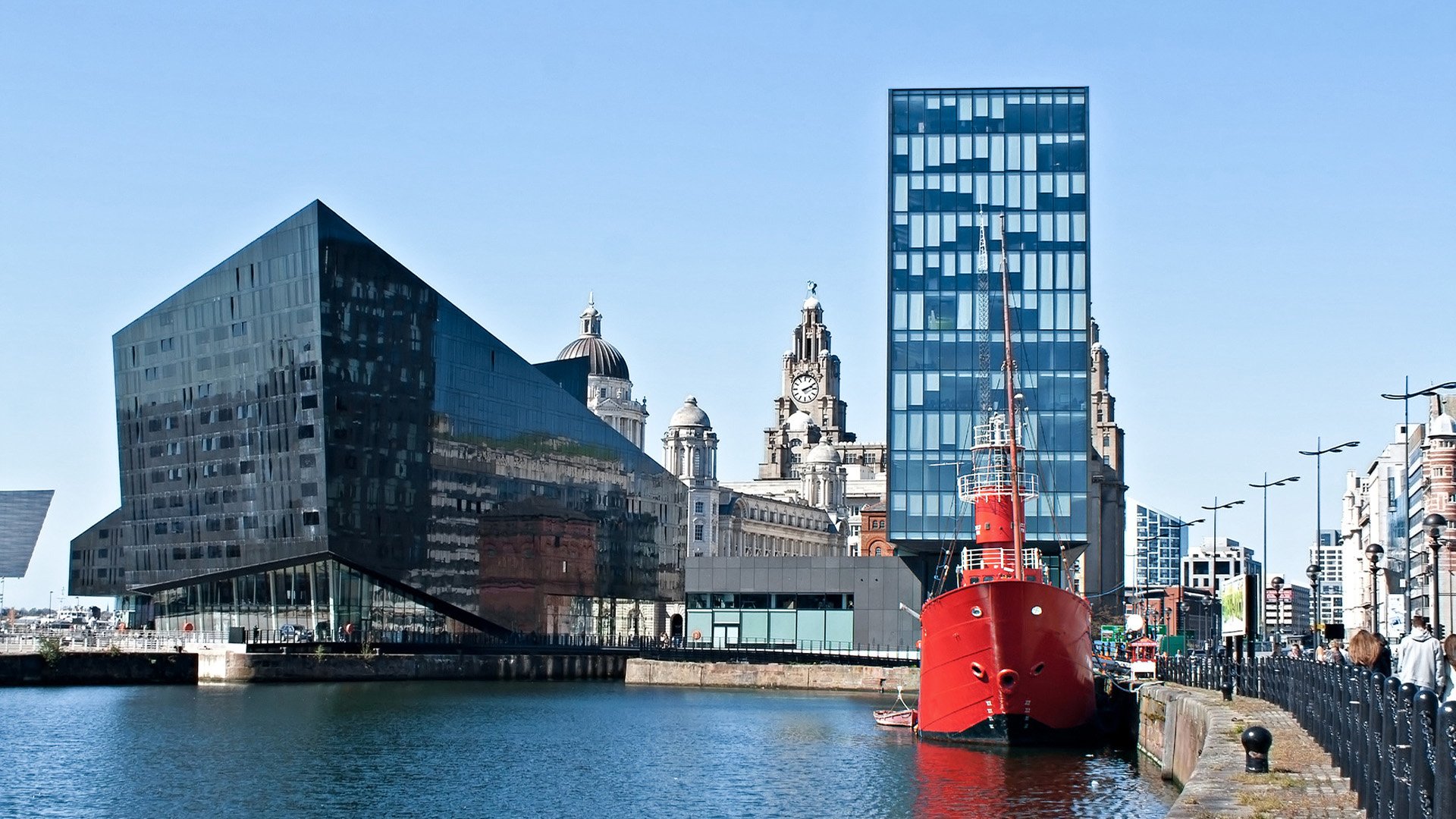 View of Liverpool's historic waterfront, with modern and old architecture.