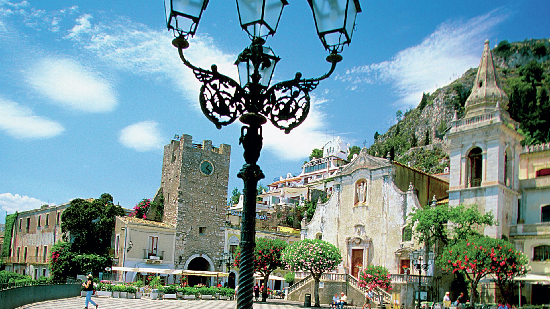 San Giuseppe Torre dell Orologio Tower on Piazza IX Aprile in Taormina in Sicily, Italy --- Image by © Royalty-Free/Corbis