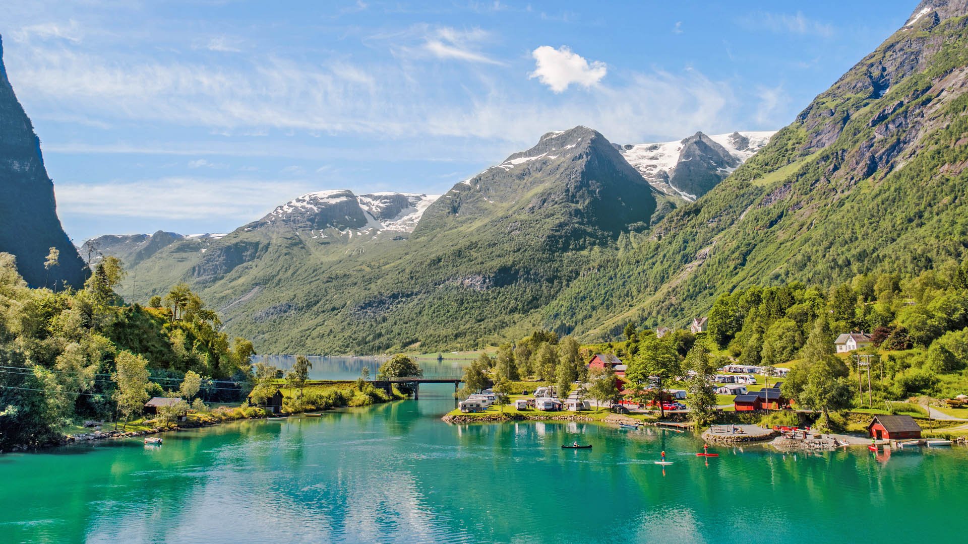 Oldevatnet, a lake in Sogn og Fjordane, Norway.  The lake is fed by mountain streams which are fed by glacial meltoff, making for crystal-clear waters; the water is too cold for appreciable growth.