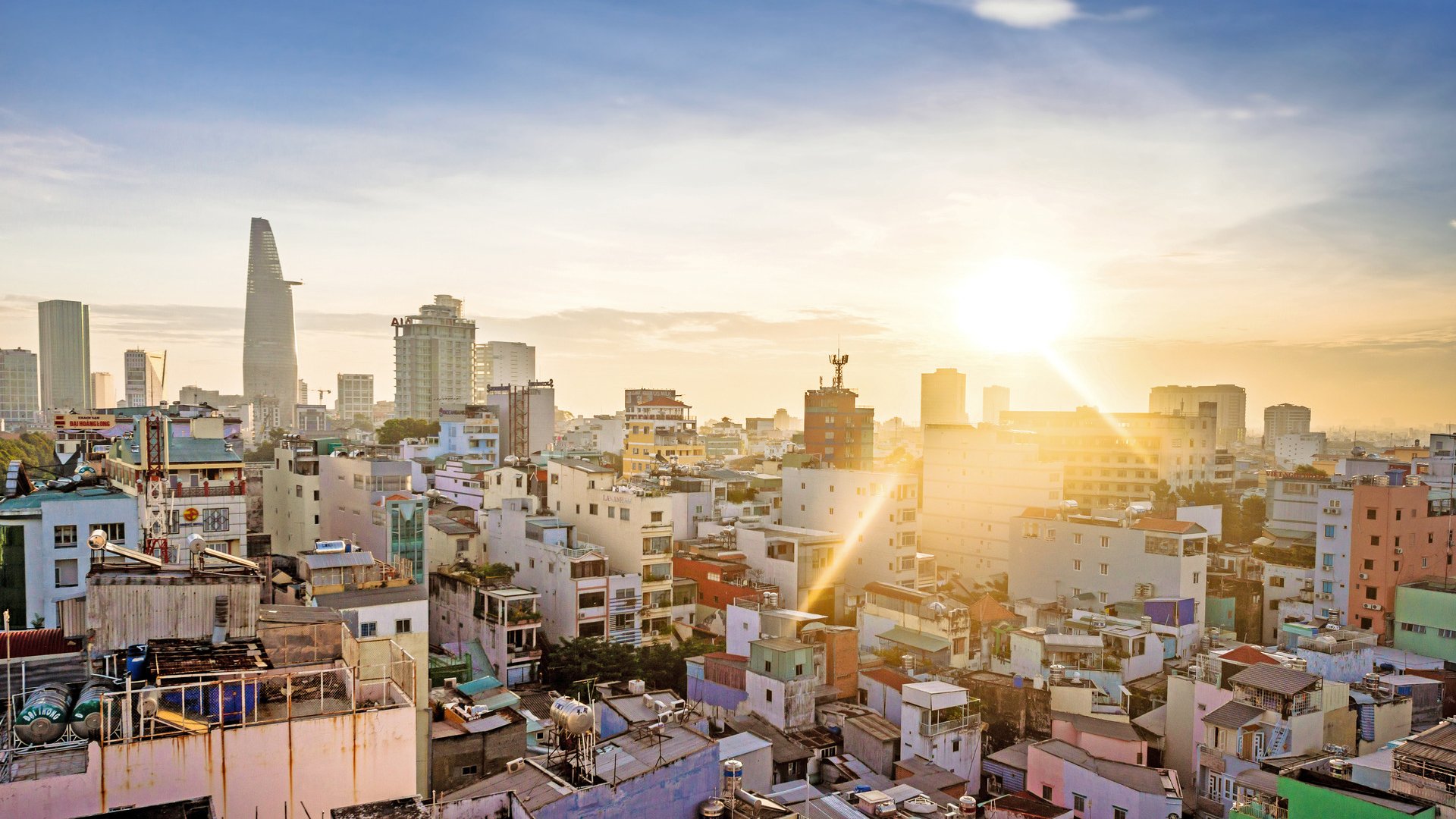 Skyline in the morning sun, aerial view of residential and commercial buildings in Ho Chi Minh City (Saigon), Vietnam