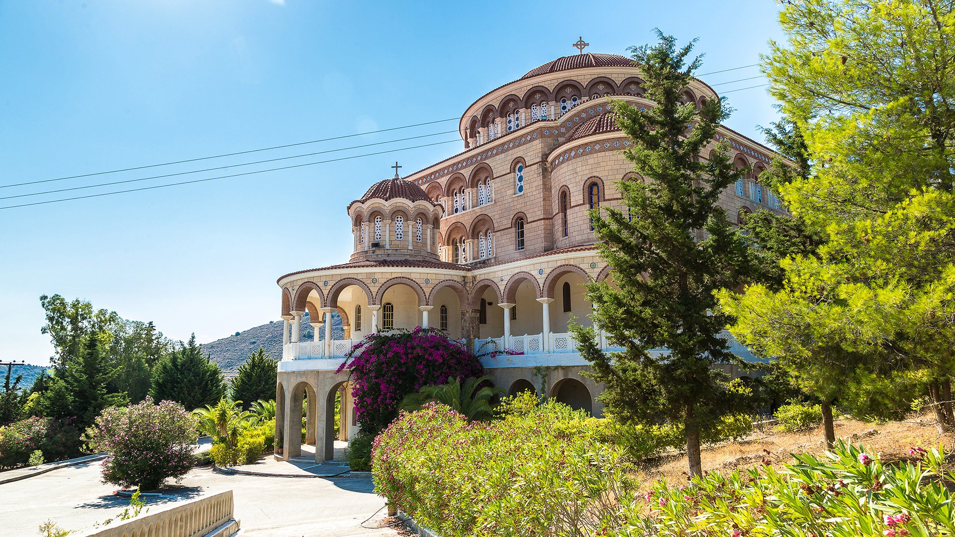 Saint Nektarios church on Aegina island in a summer day in Greece