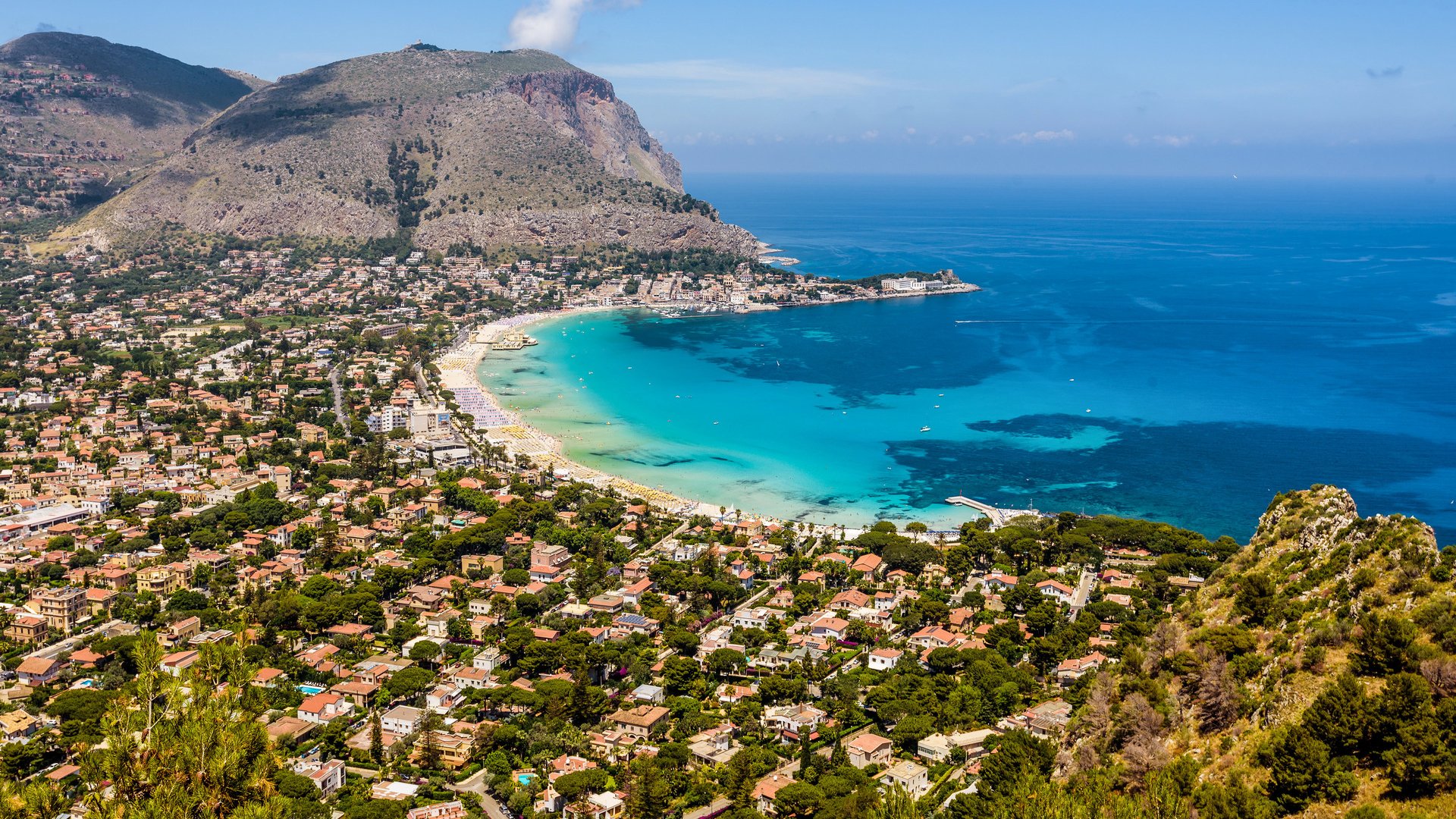 Panoramic view of the seaside resort town of Mondello in Palermo, Sicily. White beach and turquoise crystal clear sea. HD View of the gulf from the top of Monte Pellegrino.