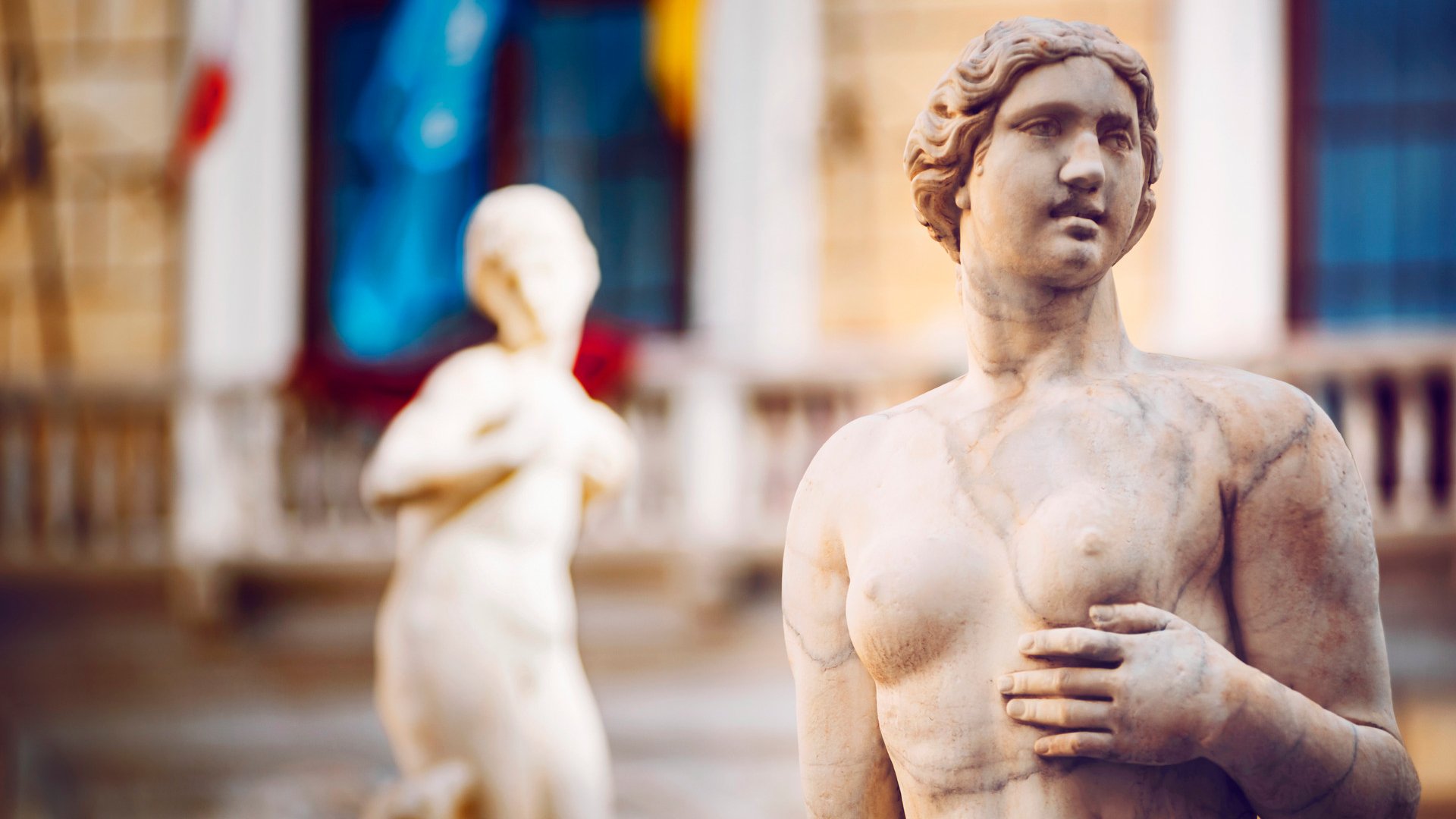 Detail view of baroque fountain with nude statues on piazza Pretoria in Palermo, Sicily, Italy