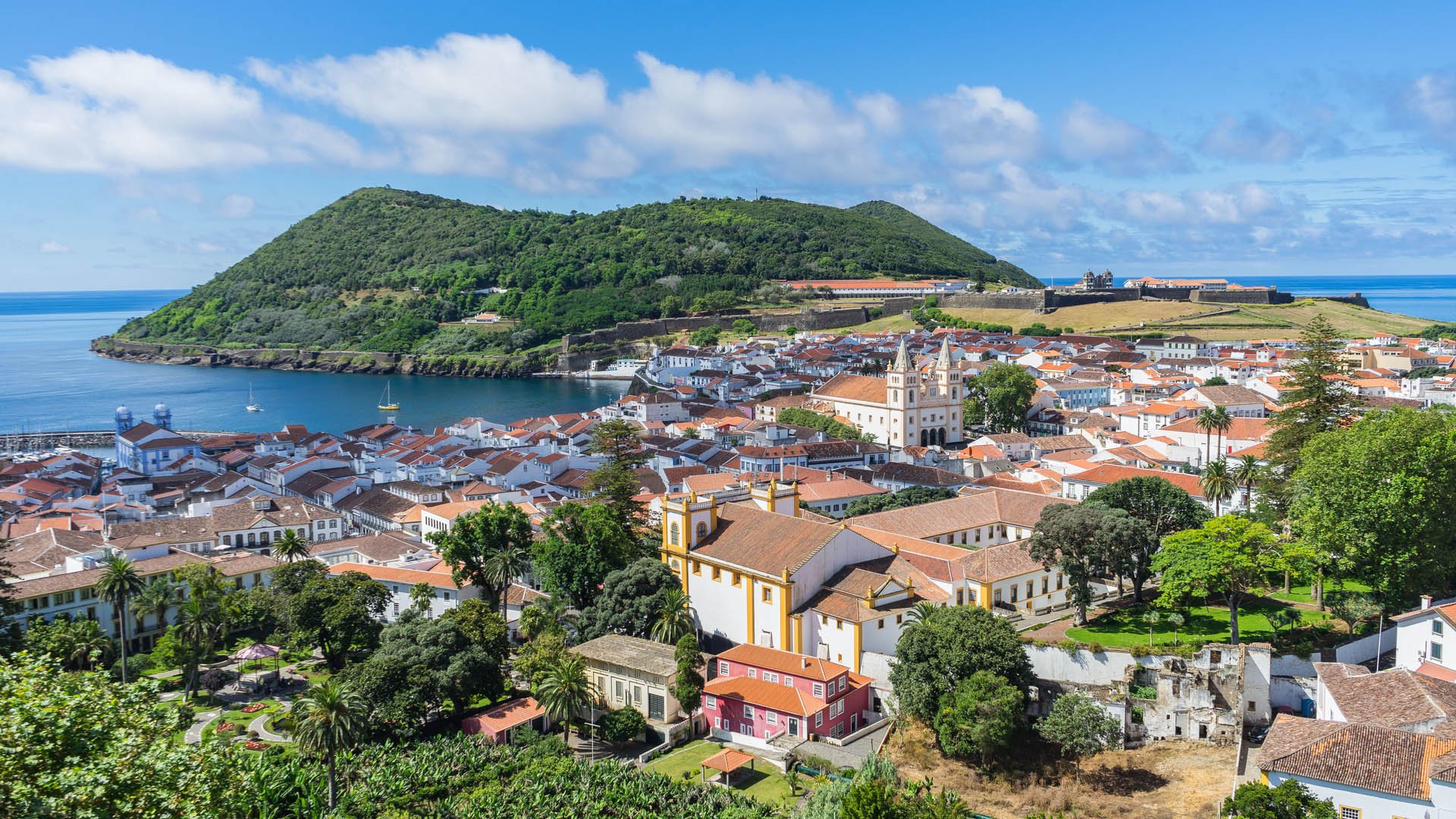 Sunny view of Angra do Heroismo from Alto da Memoria, Azores, Portugal