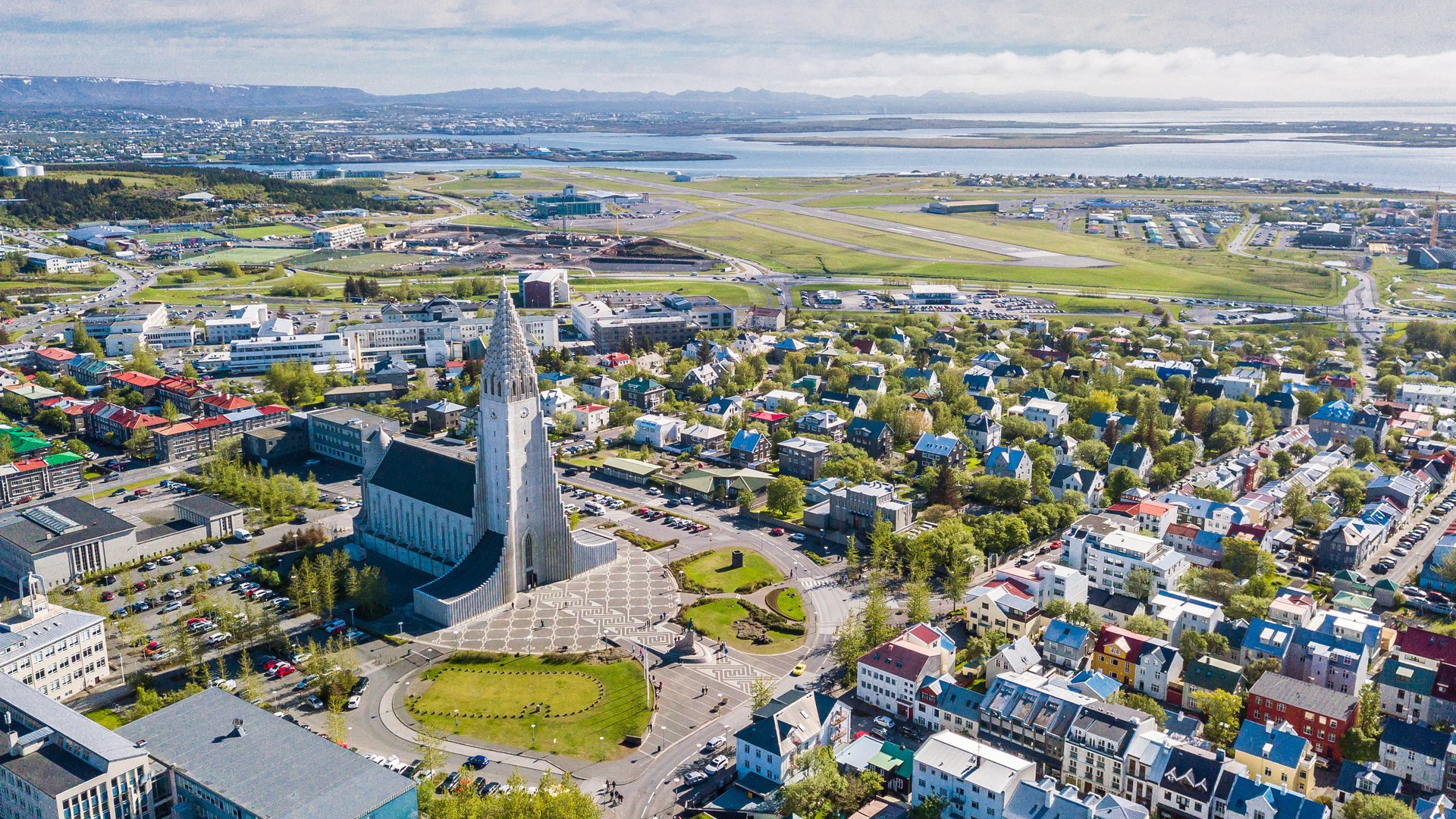 Reykjavik Iceland city scape frop the top with Hallgrimskirkja church. Aerial photo. religious building