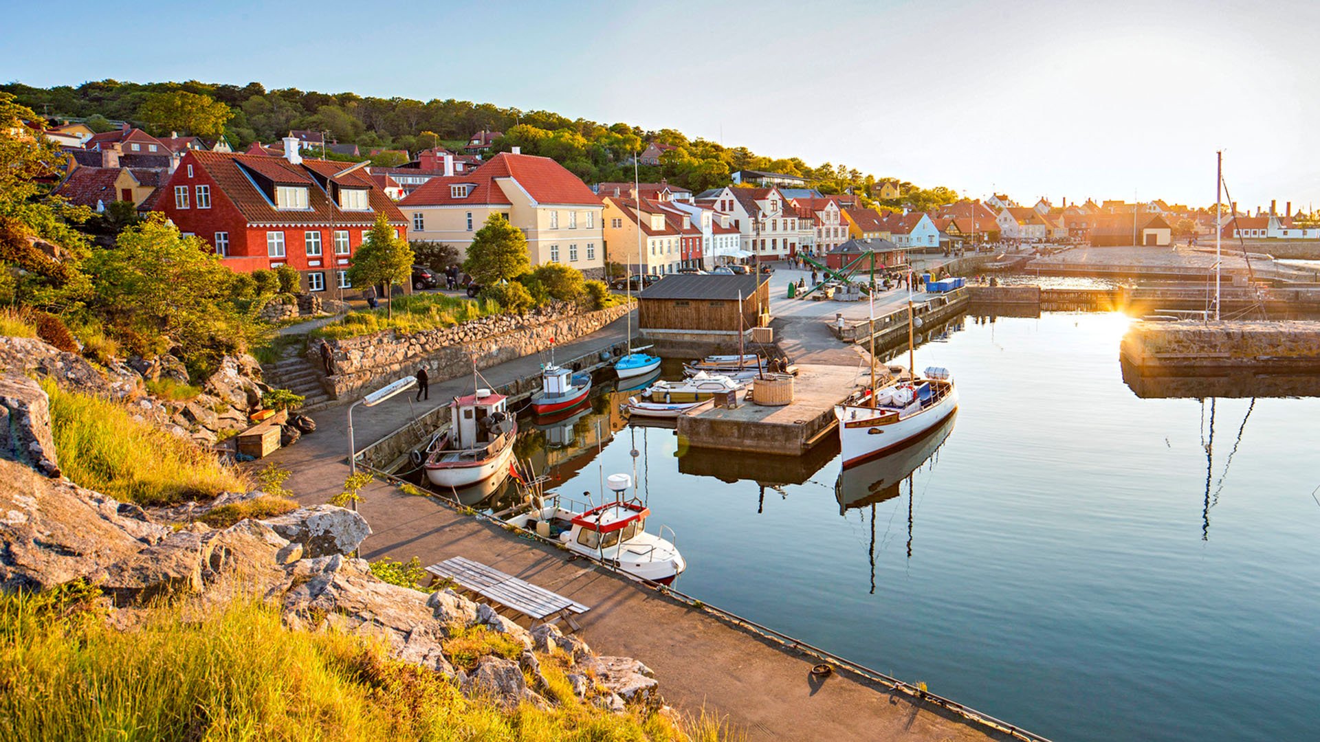 View of town and harbor at Bornholm, Denmark