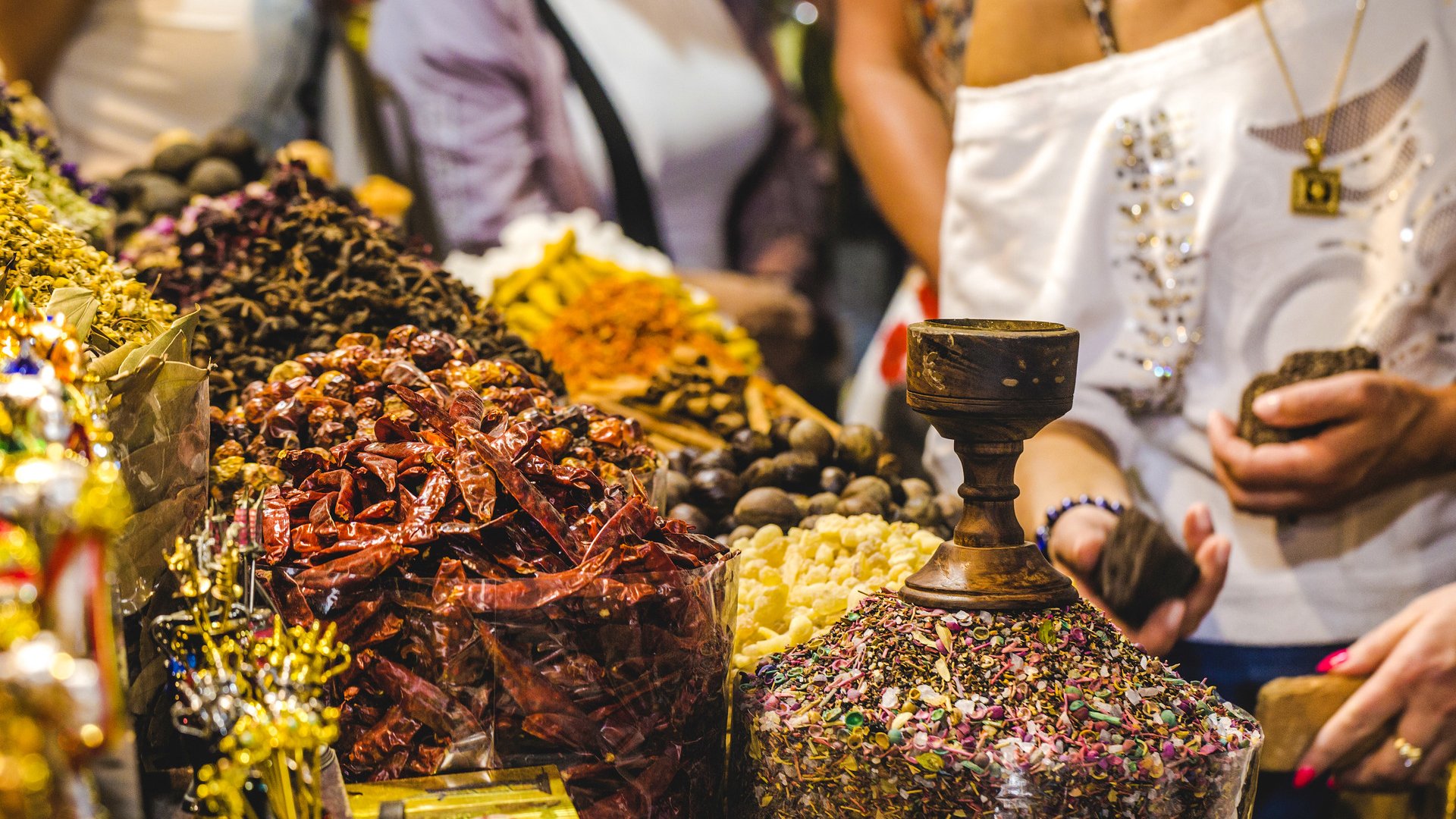 Dried herbs, flowers and arabic spices in the souk at Deira in Dubai, UAE.