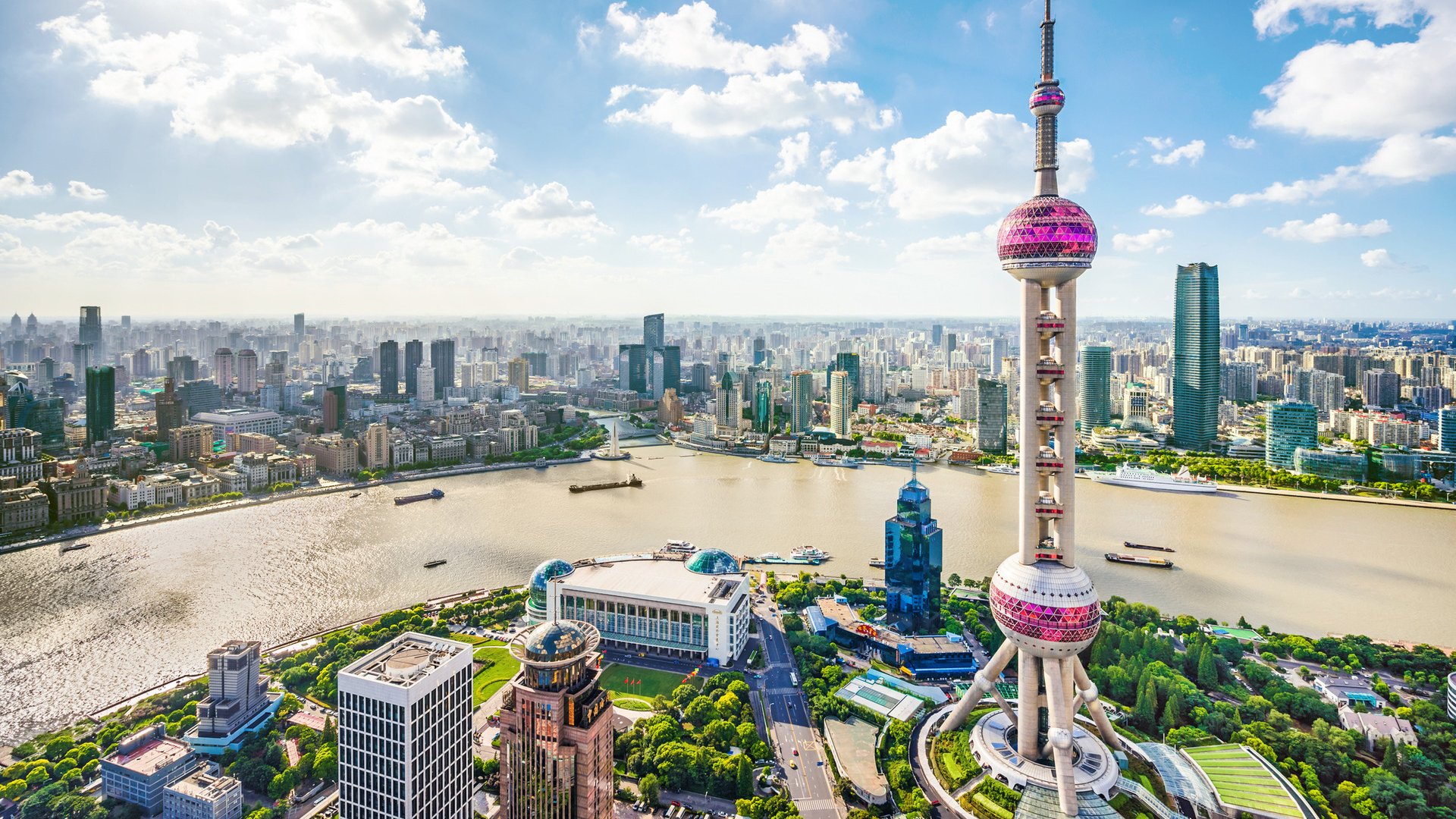 Aerial view of modern skyscrapers in Shanghai.