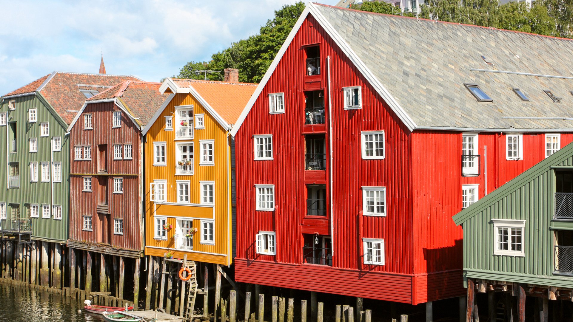 famous storehouses on river side of Nidelva, Trondheim
