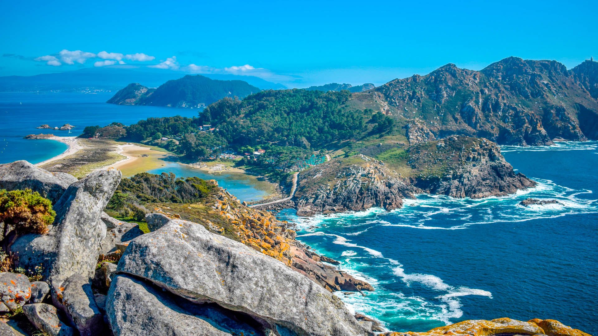 Islas Cies, Vigo, Spain. Vigo estuarys greatest treasure. Galicia. Island connected by beach Playa de Rodas.
