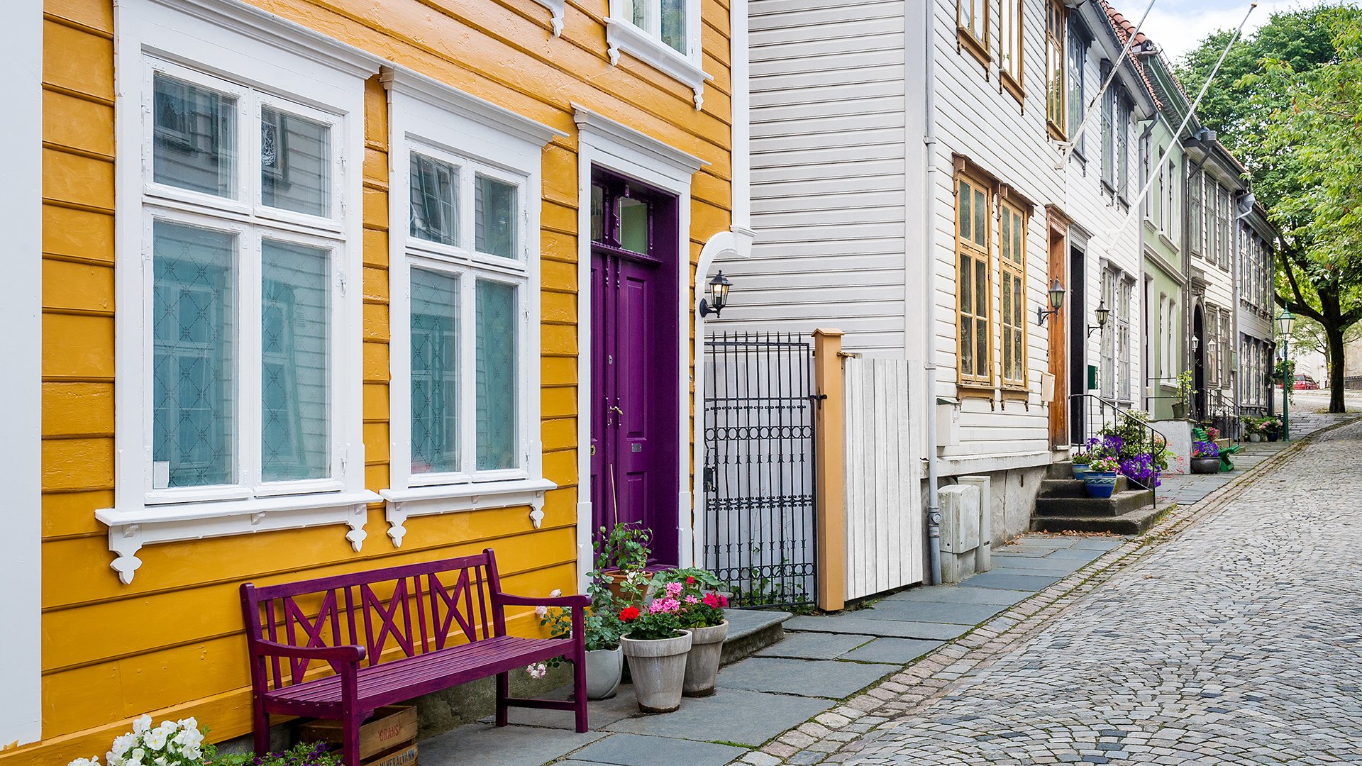 Wooden houses at old street of Bergen, popular touristic town in Norway.