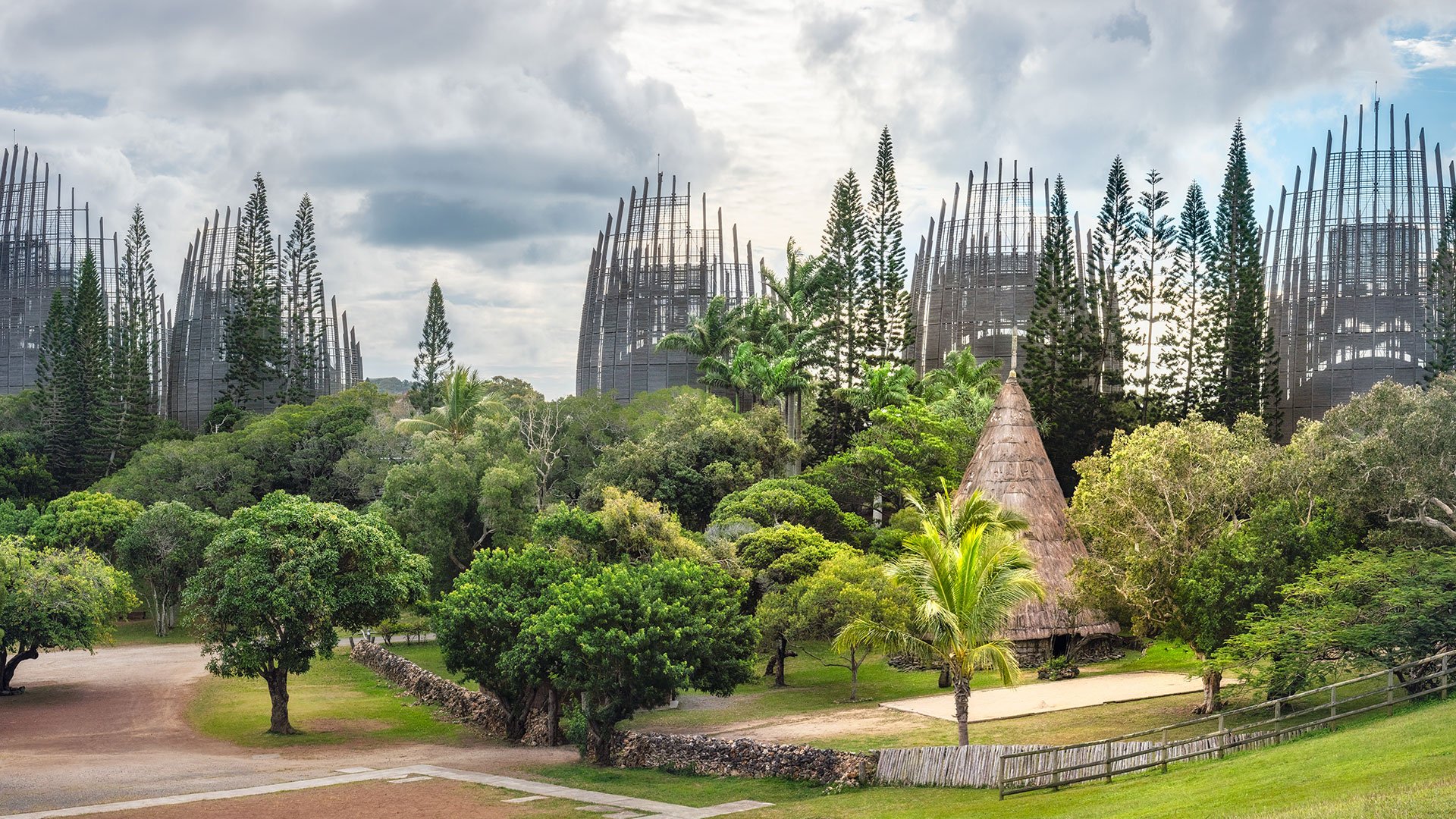 Tjibaou Cultural Centre, the Kanak native museum, made mainly of ten ribbed structures made of steel and Iroko wood, inspired by the traditional Kanak huts, in Noumea, New Caledonia