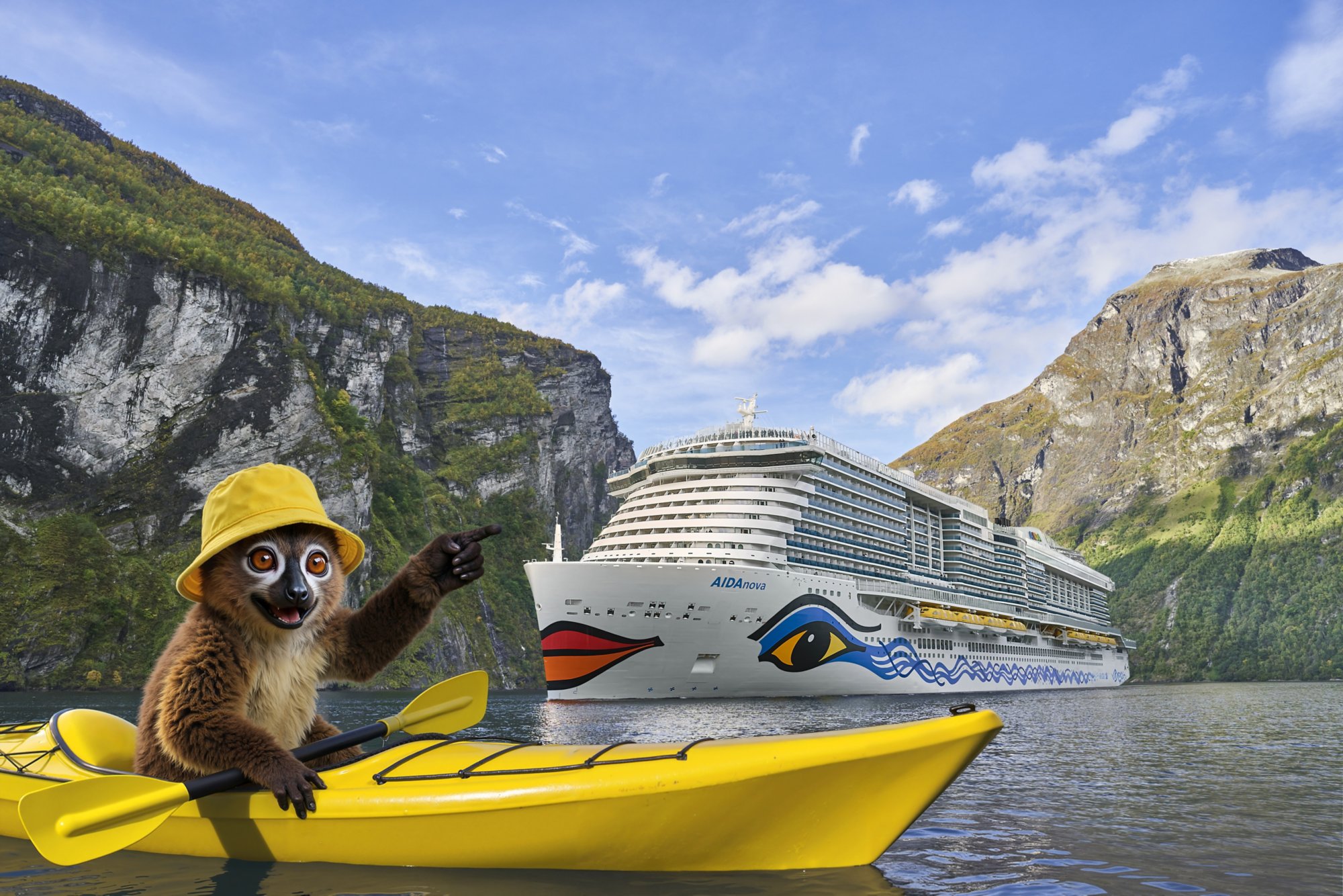 Maki Matti sitzt in einem gelben Boot vor AIDAnova im Fjord