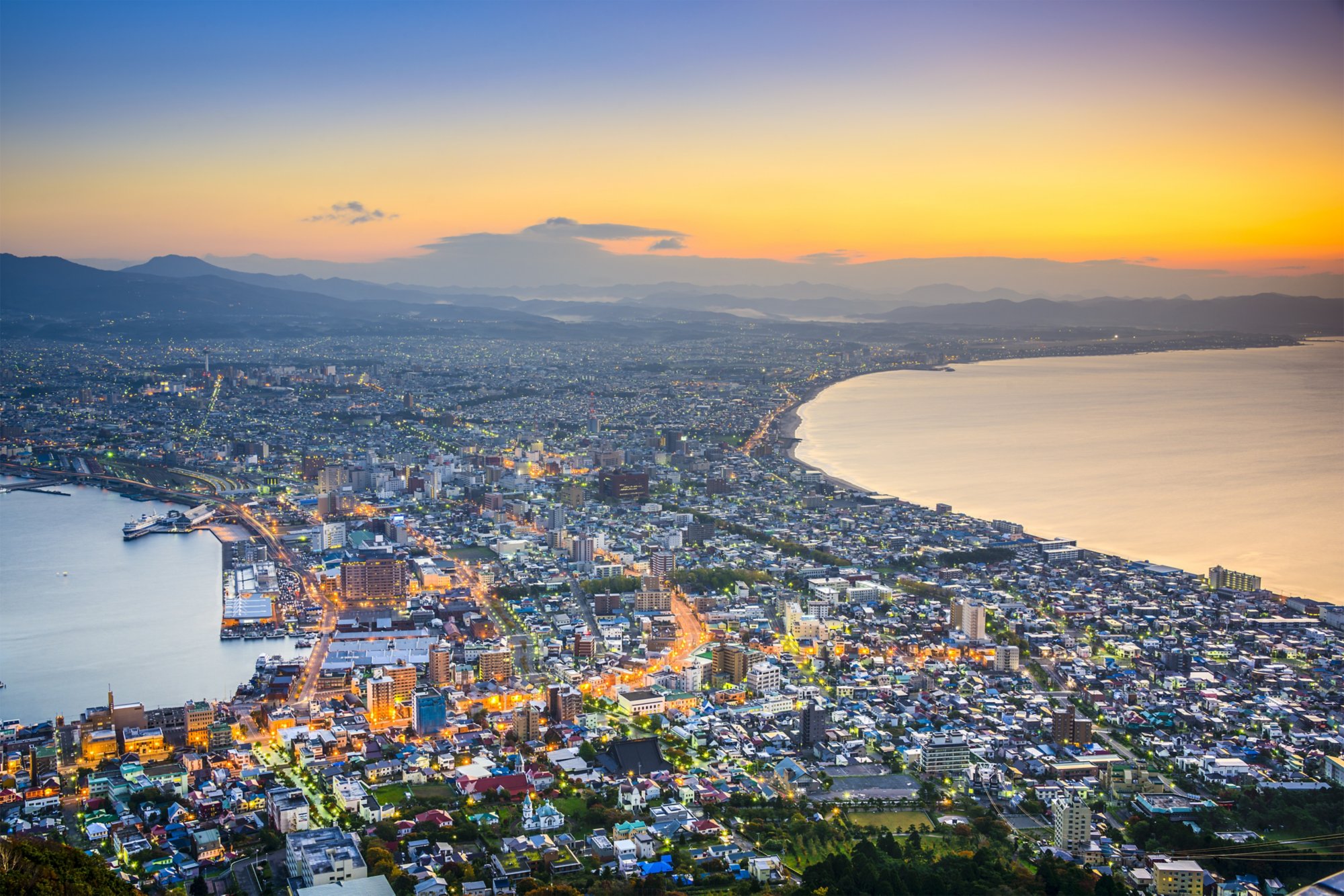 Hakodate, Hokkaido, Japan city skyline from Mt. Hakodate at dawn. ; Shutterstock ID 235096912; purchase_order: BB23-28333 at; job: ; client: AIDA Cruises; other: 