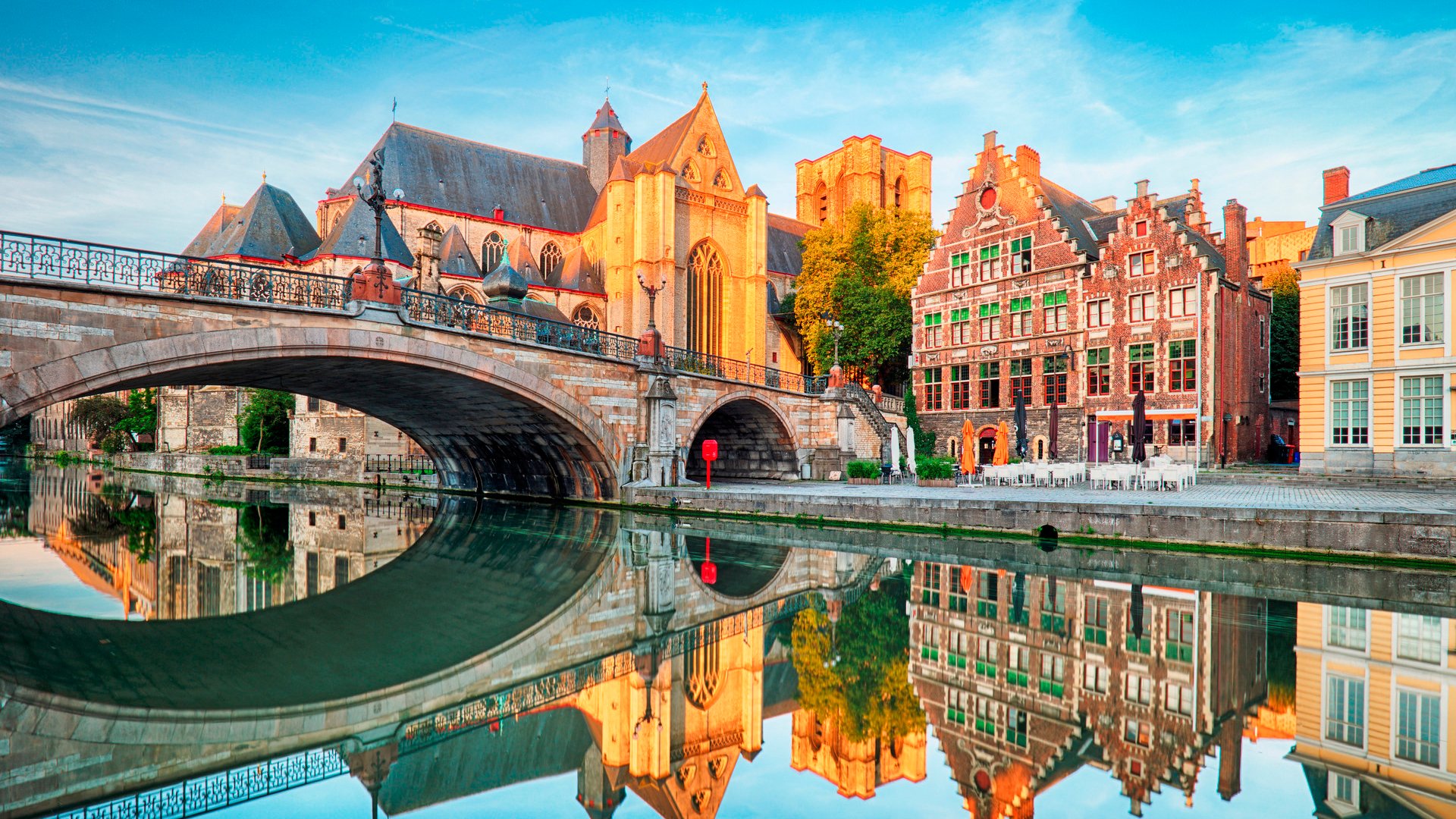 Medieval cathedral and bridge over a canal in Ghent - Gent, Belgium, Sint - Michielskerk