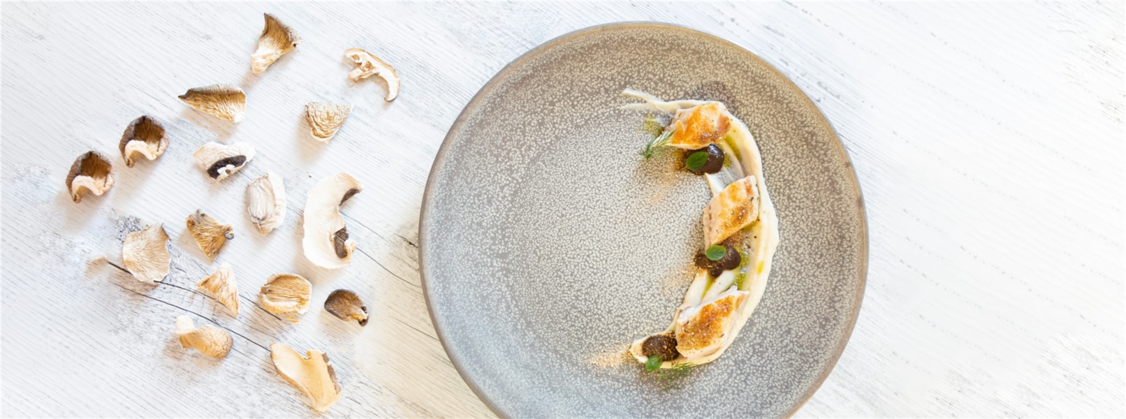 Filetto di coniglio con sedano rapa, salsa all'aglio nero e polvere di funghi