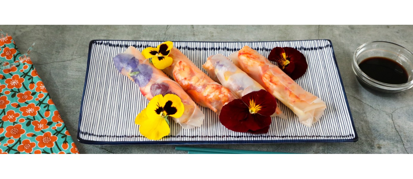 Involtini di carta di riso impiattati in stile orientale su un piatto rettangolare, accompagnati da salsa di soia e fiori eduli 