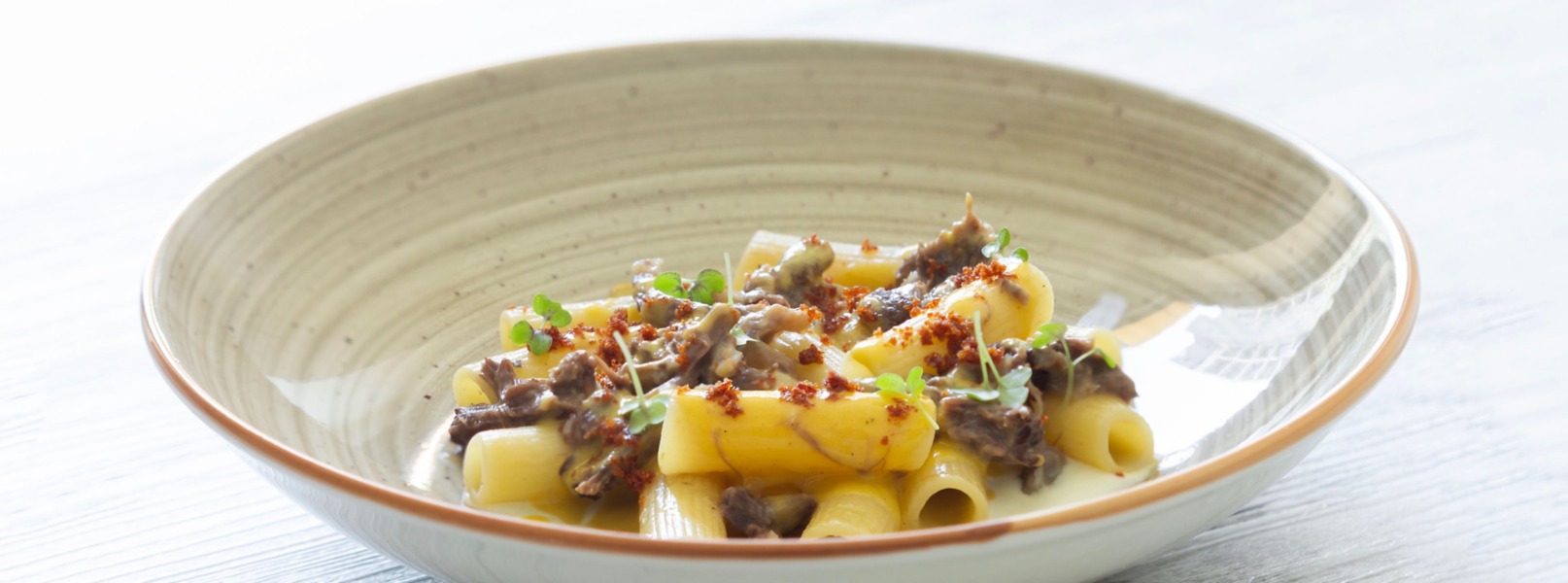 Tortiglioni con coda di bue, fonduta di Parmigiano e polvere di prosciutto