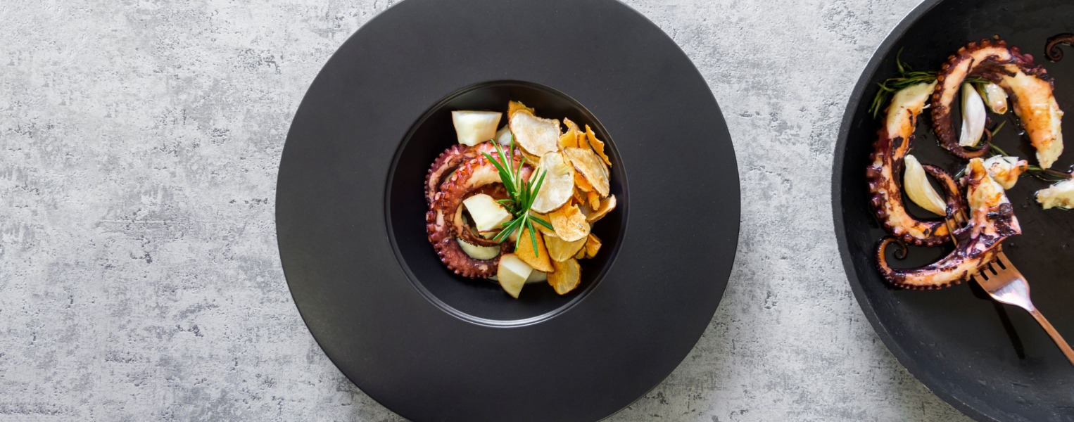 Tentacoli polpo caramellato topinambur