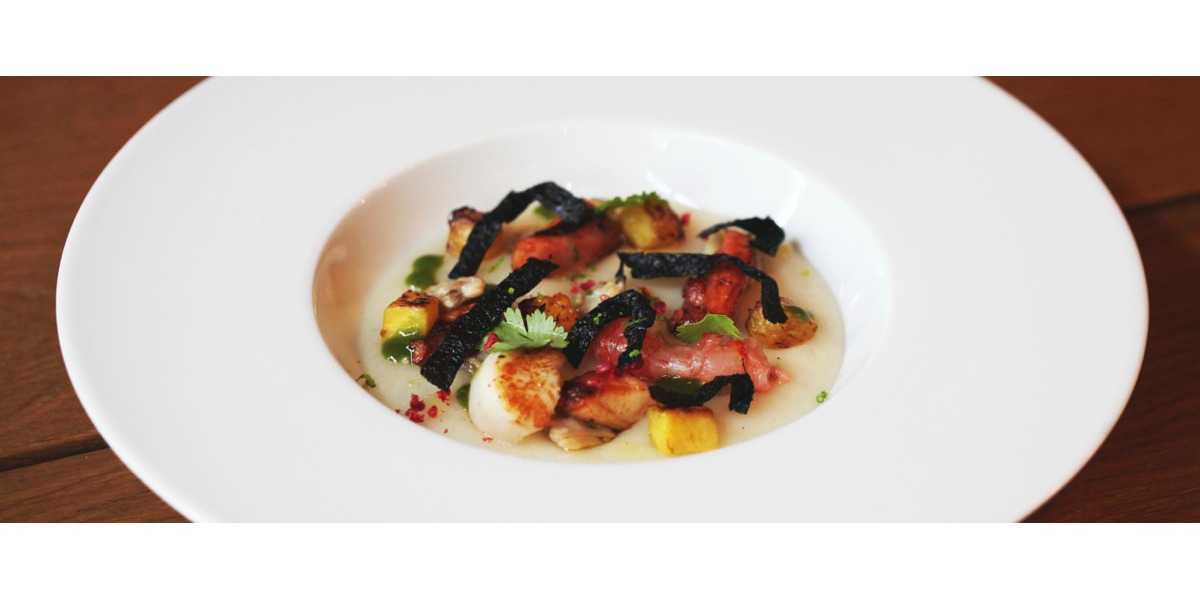 Crema di riso alla pescatora con mango e alga nori