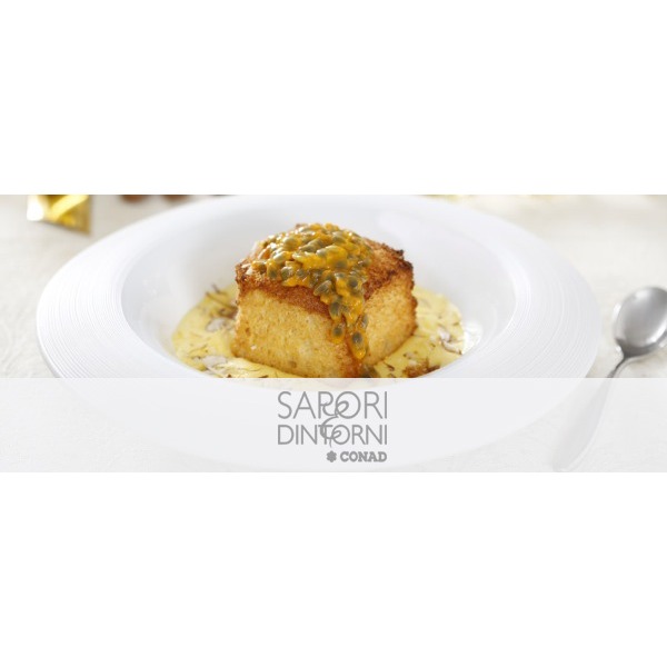  Cubotto di pandoro con zabaione, passion fruit e mandorle