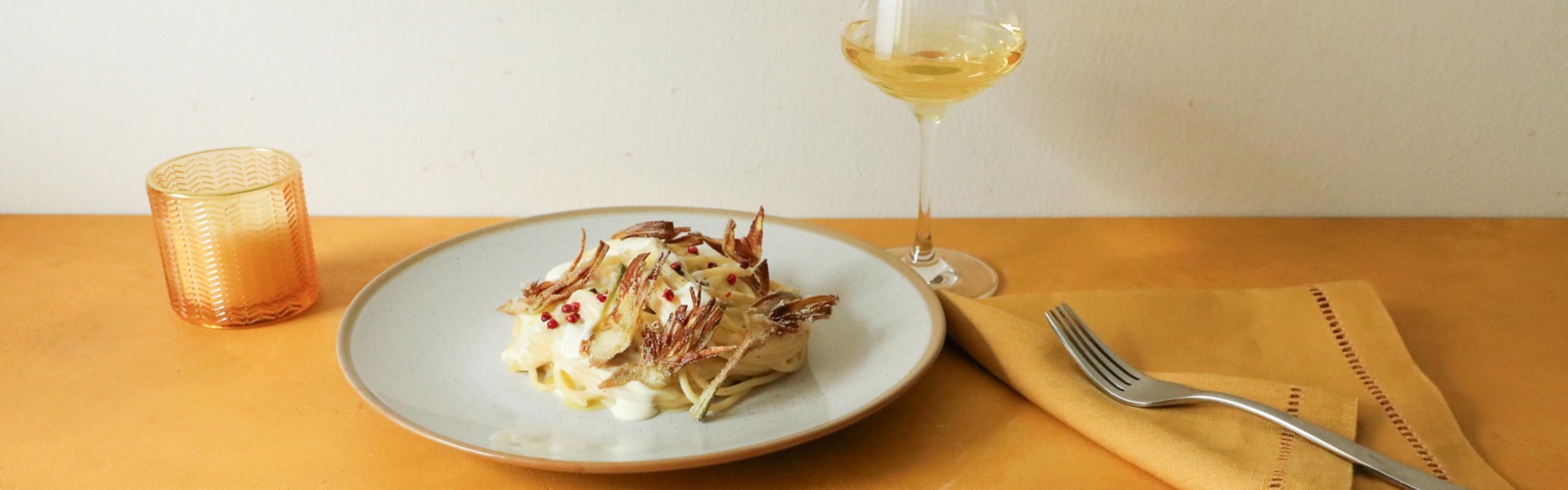 Spaghetti alla chitarra con carciofi fritti