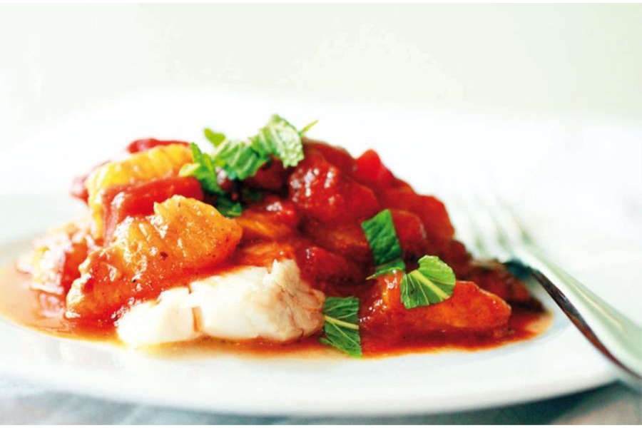 Baccalà con rabarbaro e arancia in agrodolce