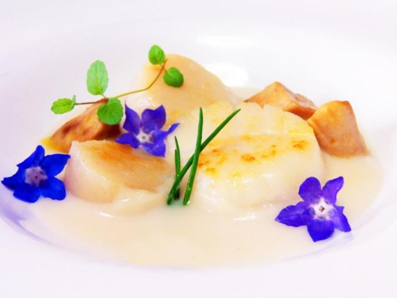 Capesante e foie gras su crema di risotto al Franciacorta