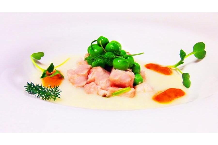 Coniglio con crema di patate e ricci di mare