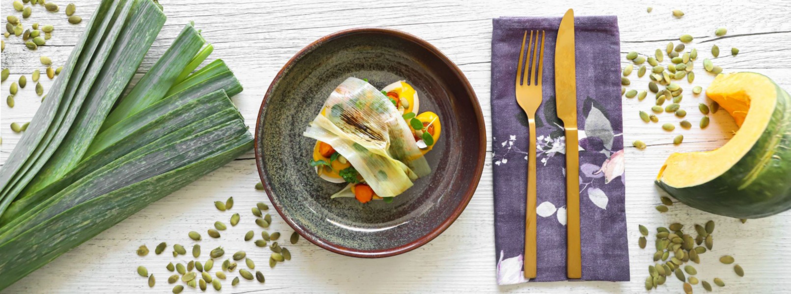 Crema di zucca, porri e carote arrosto