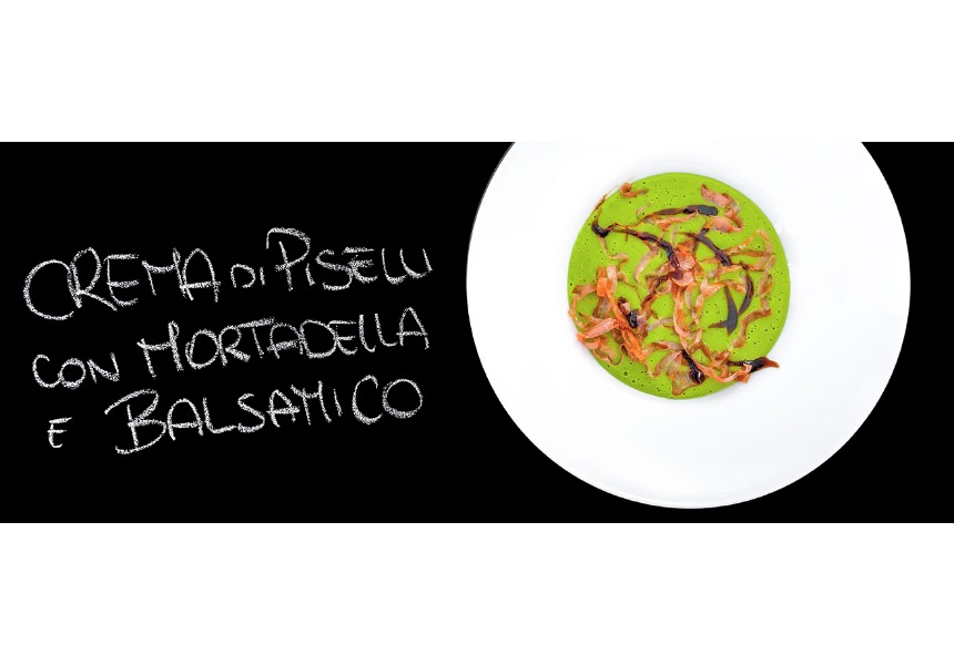 Crema di piselli con mortadella Bologna IGP e balsamico