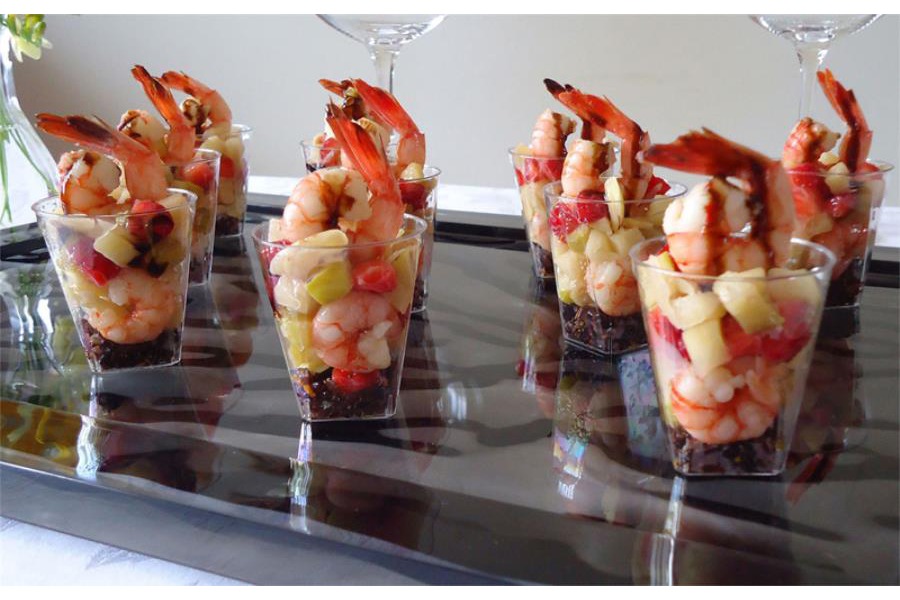 Gamberi viola con mele verdi e mandorle al cointreau 