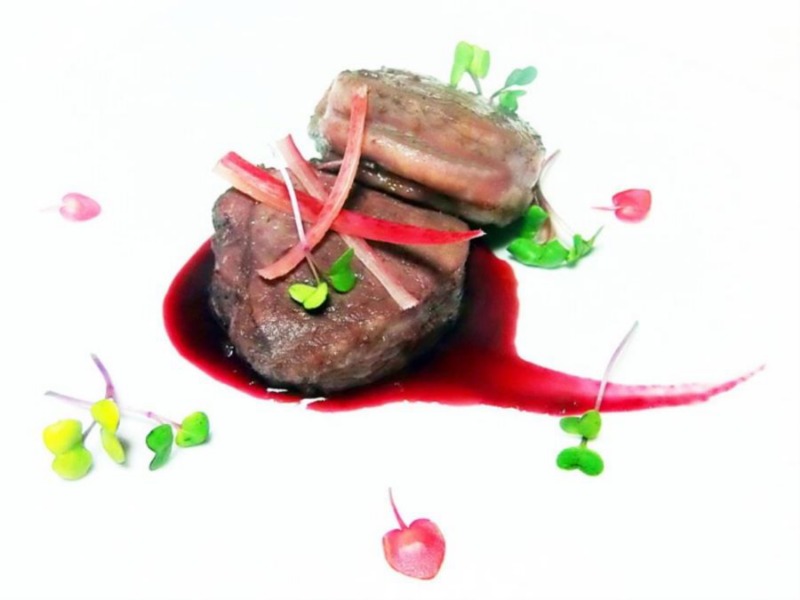 Maiale nero casertano con salsa di rabarbaro e bordeaux