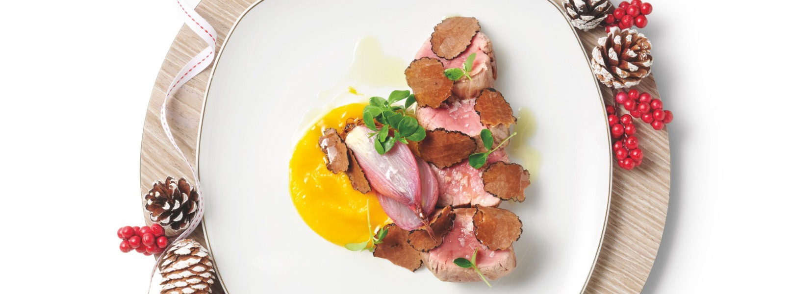 Tagliata piemontese con zucca, scalogno al caffè e tartufo