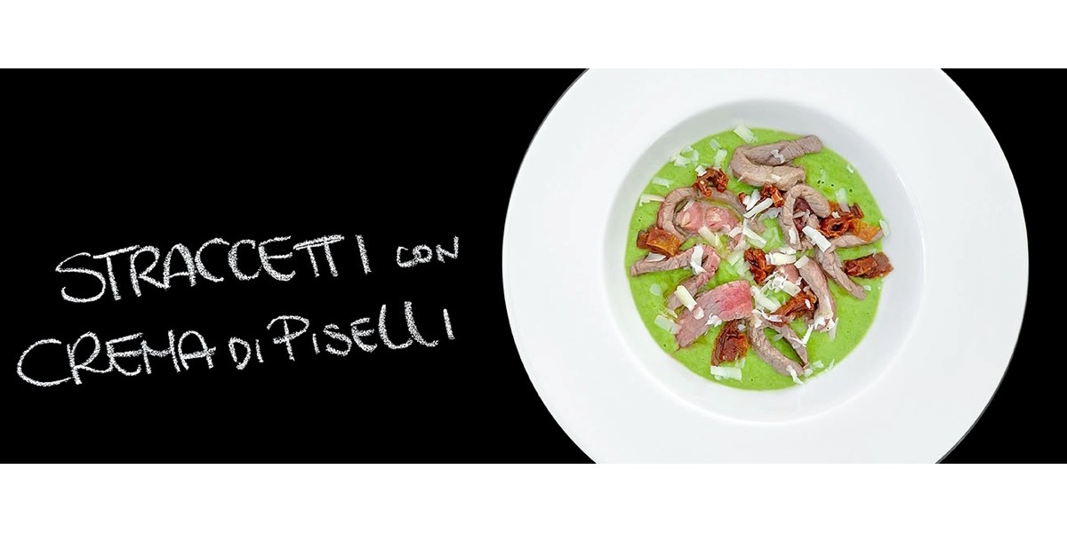Straccetti di coscia con crema di piselli, pomodori secchi e caciocavallo