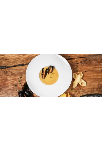 Vellutata di topinambur con cozze gratinate e taralli pugliesi