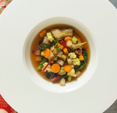 Minestrone di verdure in brodo di verza e soiaalt