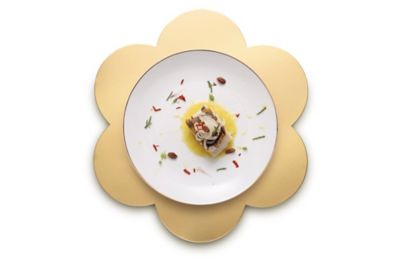 Baccalà alla crema di pomodoro giallo, fiocchi di pomodoro e leggero saor