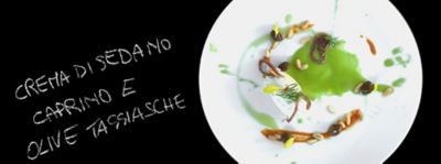Crema di sedano con caprino, alici e olive taggiaschealt
