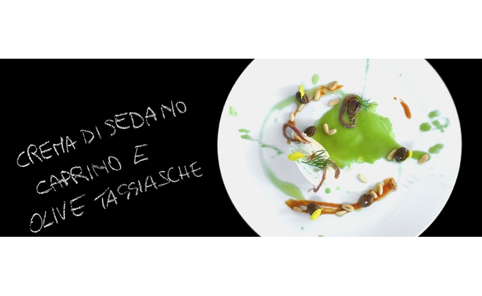 Crema di sedano con caprino, alici e olive taggiasche