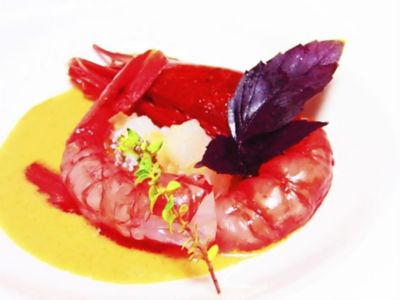 Gamberi rossi di Mazara del Vallo con tartare di baccalàalt