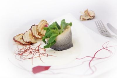 Involtini di spigola con chips di Pink Lady e crema di finocchialt