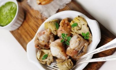 Rana pescatrice ai carciofi con pancetta piacentina Dopalt