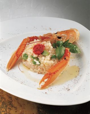 Risotto con gamberi di Santa Barbara, fave e corallo alt