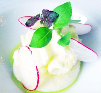 Spuma di mozzarella di bufala su succo di basilico alt