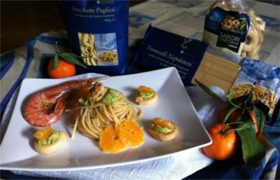 Vermicelli napoletani con gamberoni e crema di piselli profumata al mandarancioalt