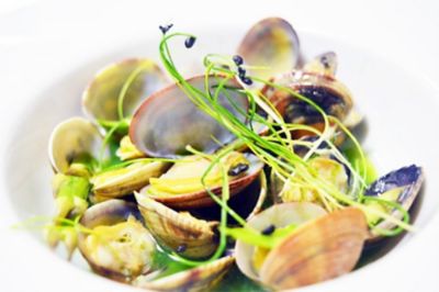 Vongole veraci, clorofilla di prezzemolo, limone Costa d?Amalfi Igp, asparagi e germogli di aglioalt