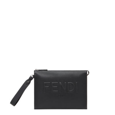 FENDI embossed-logo leather clutch bag - Black